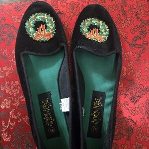 Saks Fifth Avenue Black Velvet Flats with Holiday Embroidery